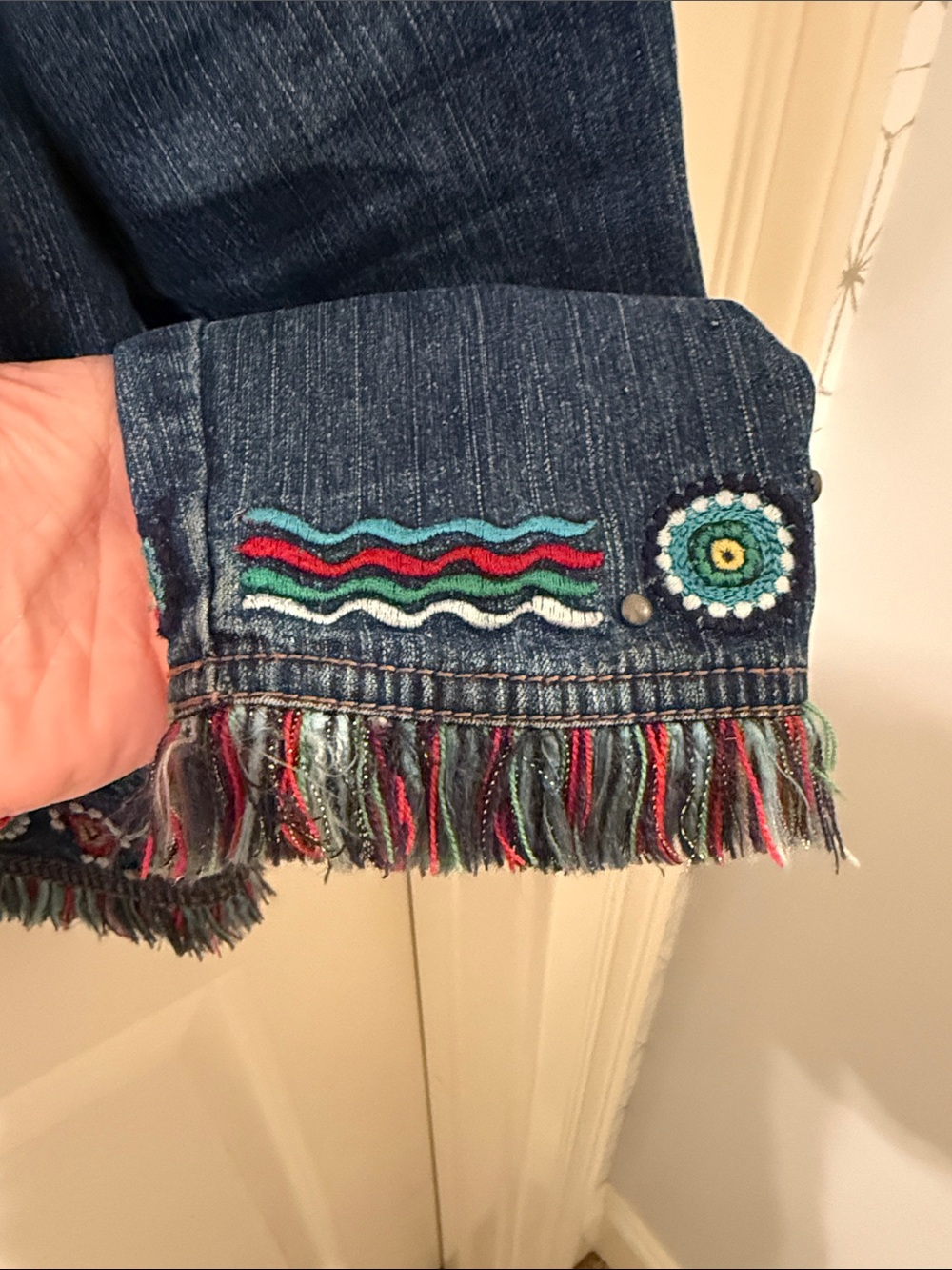 Ruby Rd. Blue Denim Jacket with Multicolor Embroidered Trim - Picture 5 of 7